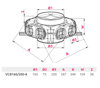 Skrzynka rozdzielcza przelotowa fi 160/200 8x75  (HAVA-VCB160/200-8) - Plenum Box - Rozdělovací (distribuční) box